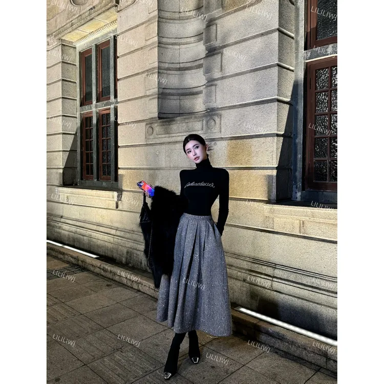 婉君【电影女主】法式高级感亮片时尚中长款半身裙LWJ24D4Q2577