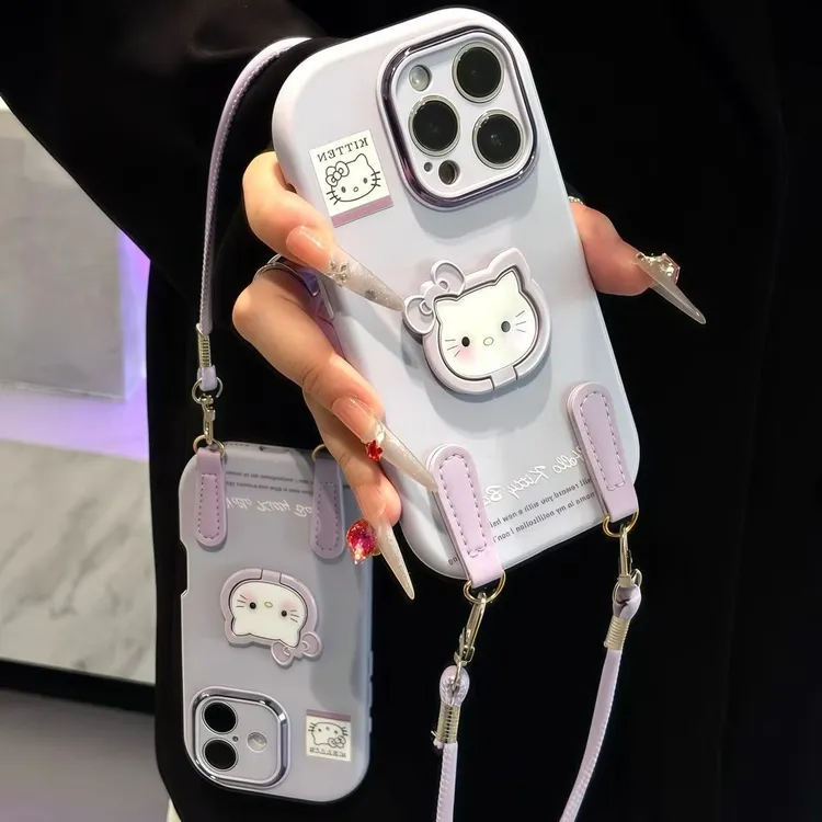 适用香芋紫Kitty酱支架挂绳苹果17手机壳iPhone16小米vivoppo华为