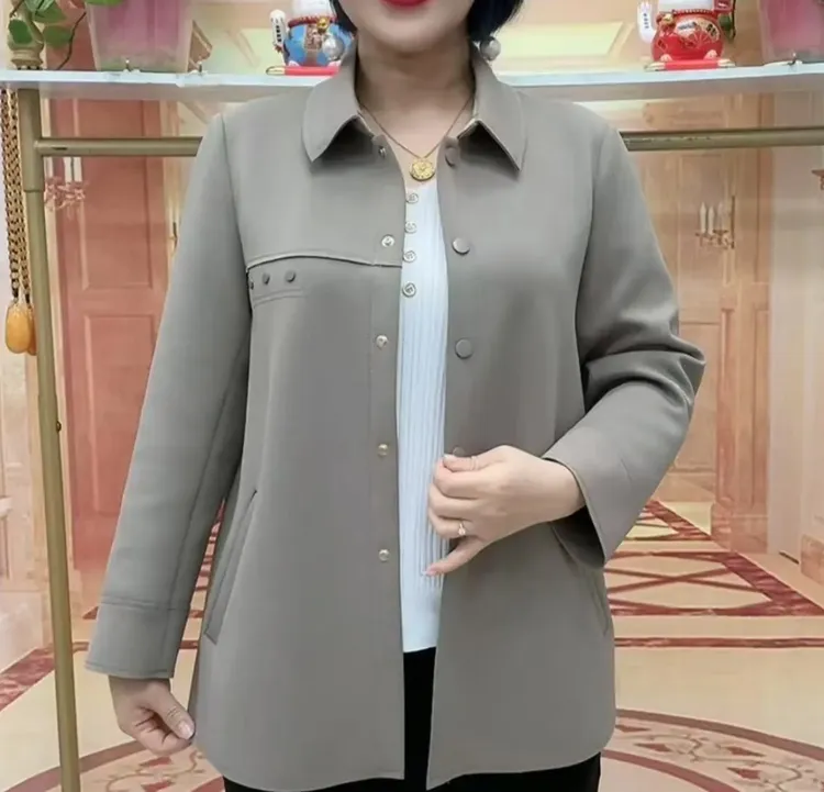 气质中年妈妈polo领减龄外搭上衣薄款宽松遮肚纯色休闲口袋外套女