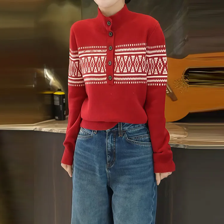 费尔岛提花刺绣半高领长袖针织衫女秋冬2025新款韩系洋气内搭上衣