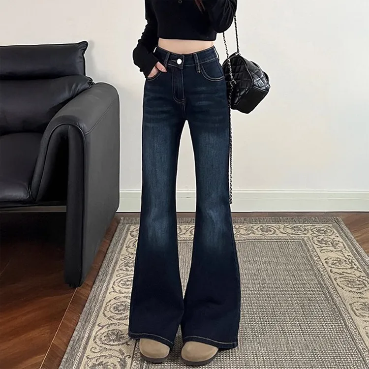 深蓝色复古直筒微喇牛仔裤女秋冬加绒大码胖mm宽松显瘦不贴腿裤子
