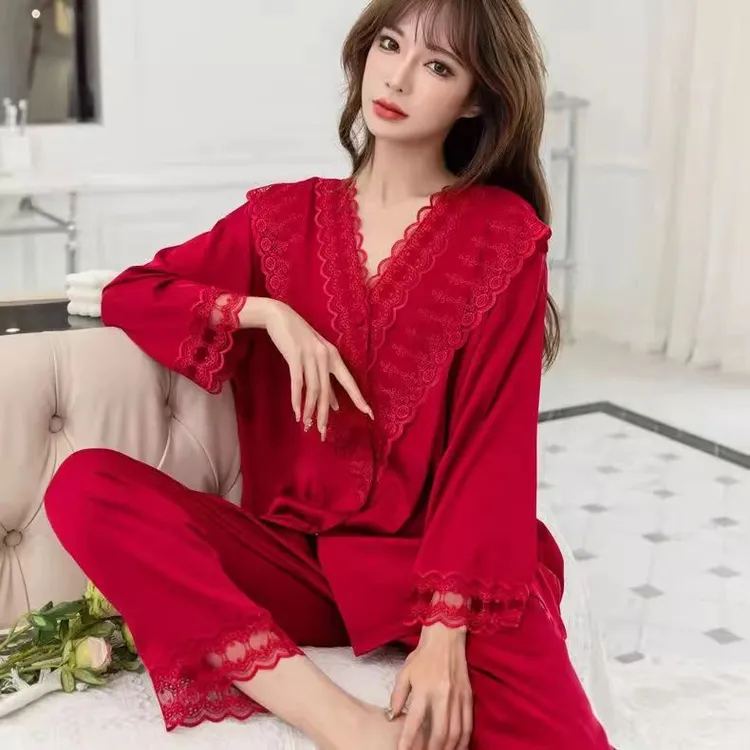 睡衣女士春秋季长袖莫代尔棉舒适绸本命年大红色蛇年家居服女套装