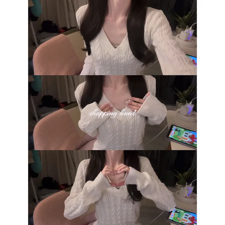 辣妹风白色麻花v领针织打底衫女秋冬显瘦收腰设计感内搭长袖毛衣