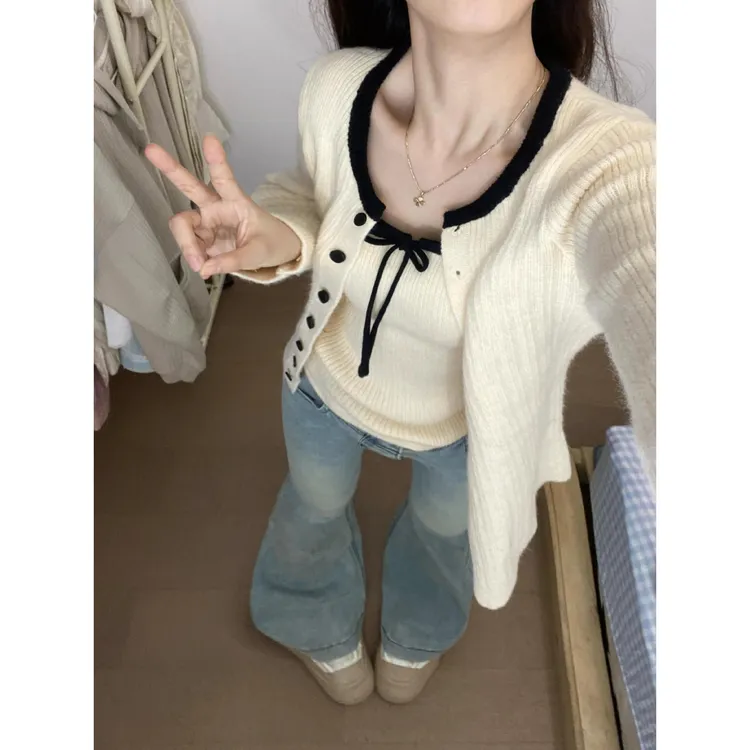 韩系针织开衫配吊带女早秋季新款软糯毛衣外套外搭上衣氛围感穿搭