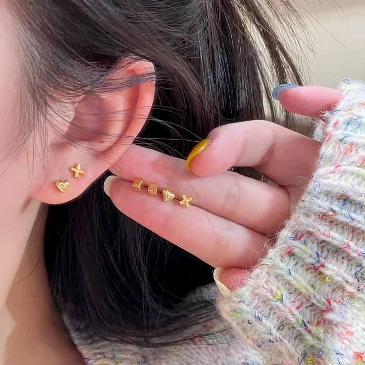 【沁汝饰品】F612爱心方块交叉耳钉六件套温柔时尚