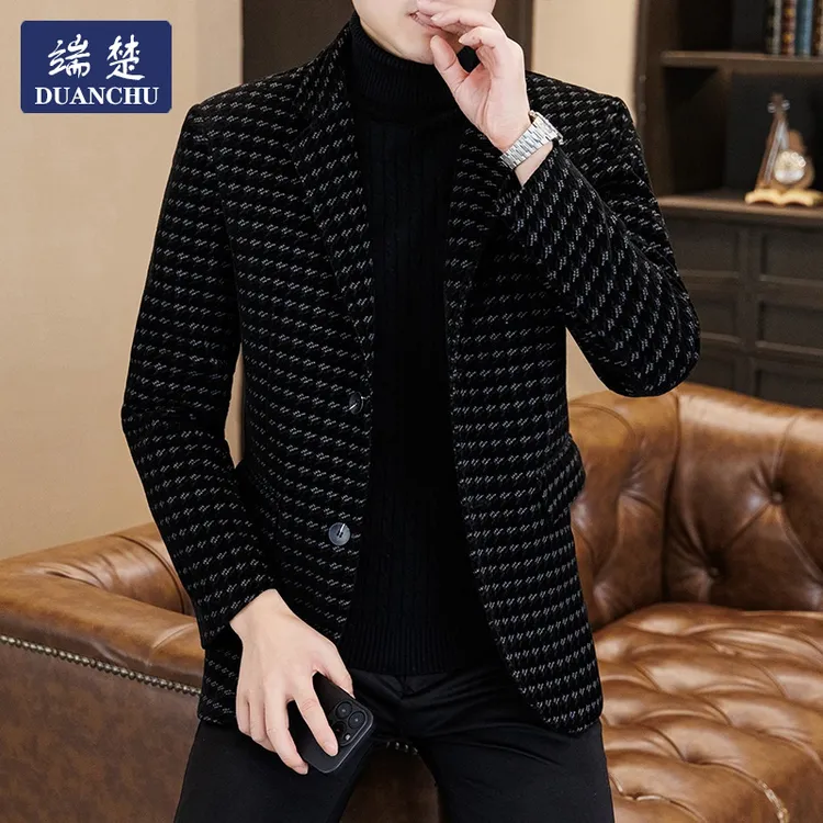 男士小西装外套休闲秋冬季商务西装加厚款西服男格子单西2025新款