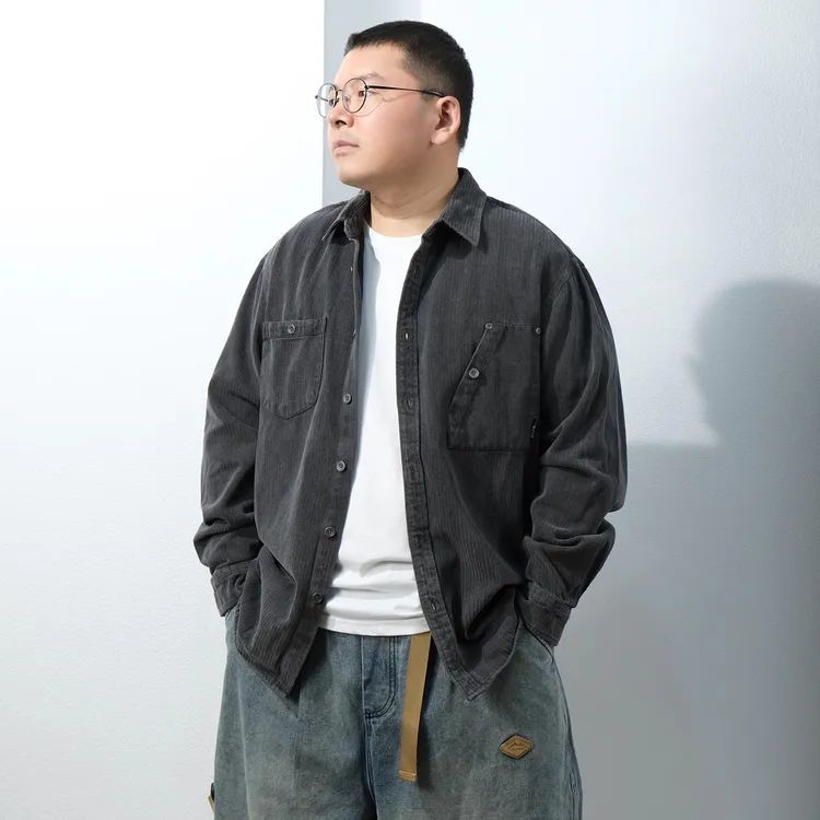 日系复古水洗休闲长袖衬衫男春秋宽松慵懒松弛感条纹肌理牛仔衬衣