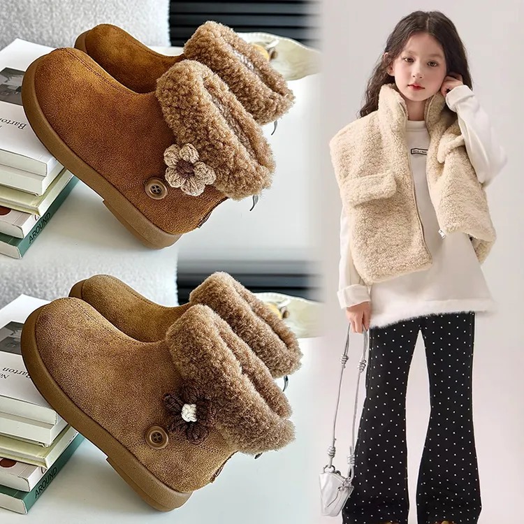 女童短靴2025秋冬新款时尚复古保暖棉靴时尚花朵洋气棉靴9922