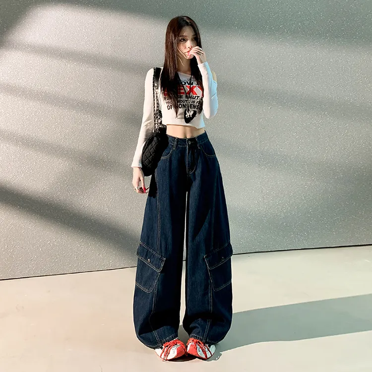 新款原色工装裤多口袋宽松牛仔裤女百搭显瘦