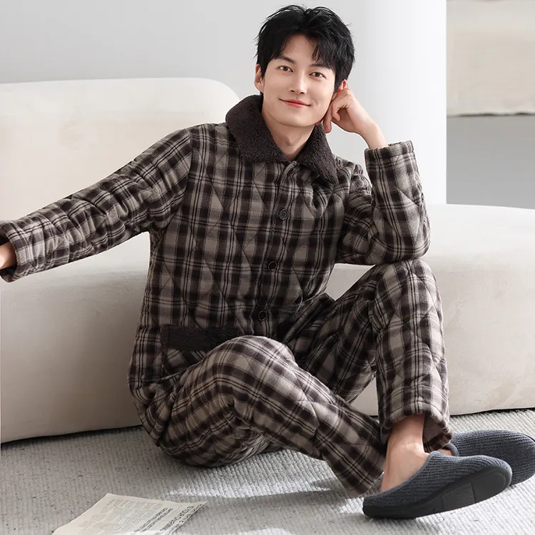 睡衣男士冬季三层加厚梭织夹棉冬款珊瑚绒加绒保暖纯棉家居服套装