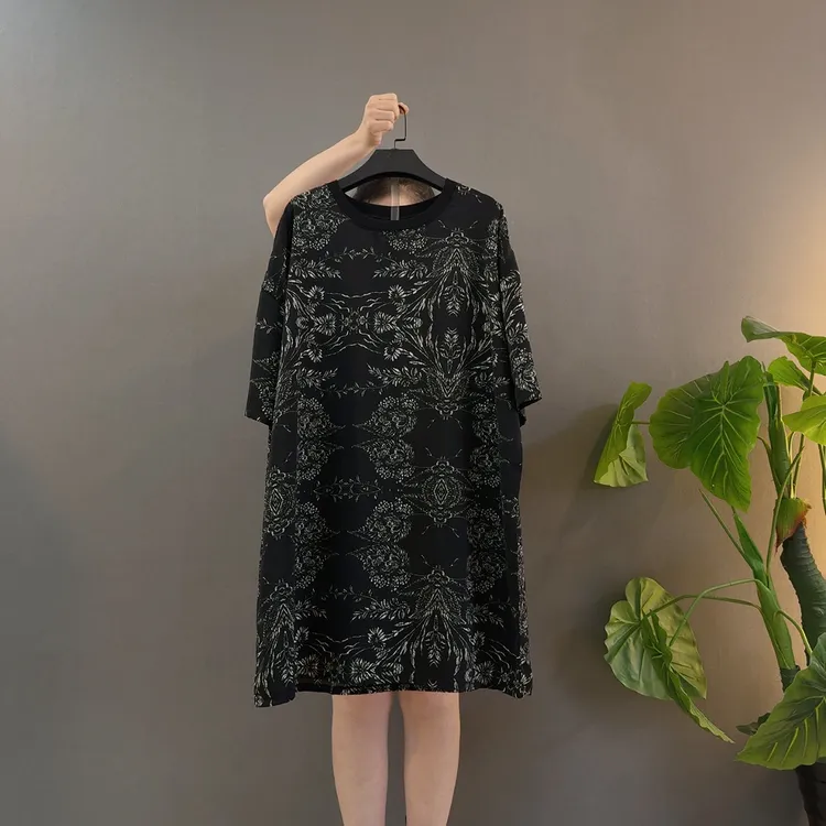 套头常规印花休闲风圆领连衣裙春夏睡裙旗袍百搭黑色显瘦夏季