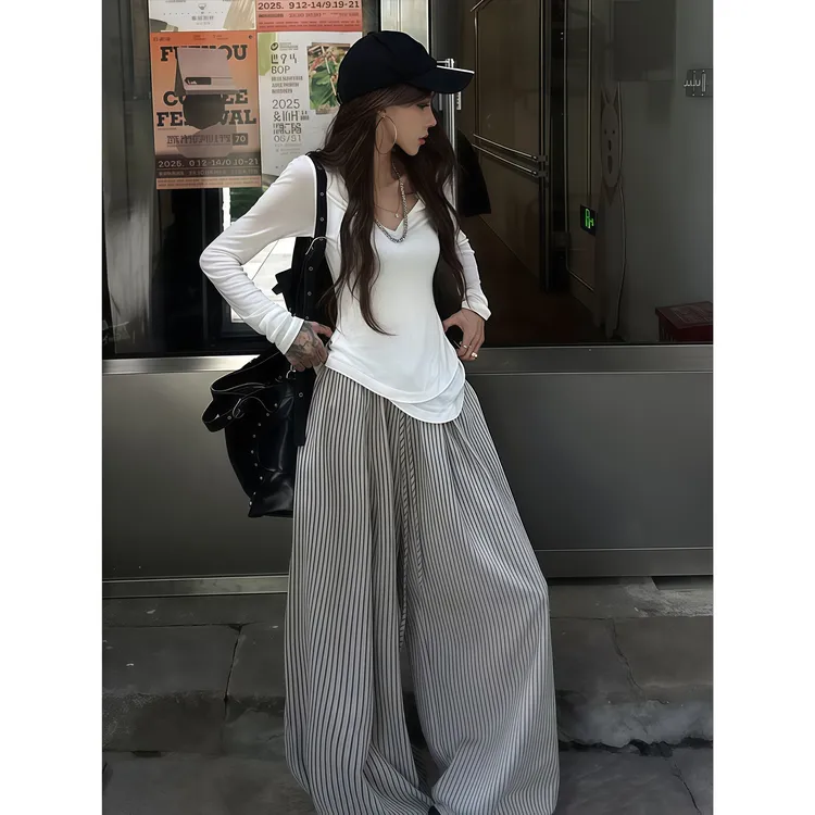 韩系慵懒风V领T恤上衣女秋季新款简约条纹宽松休闲阔腿长裤子套装