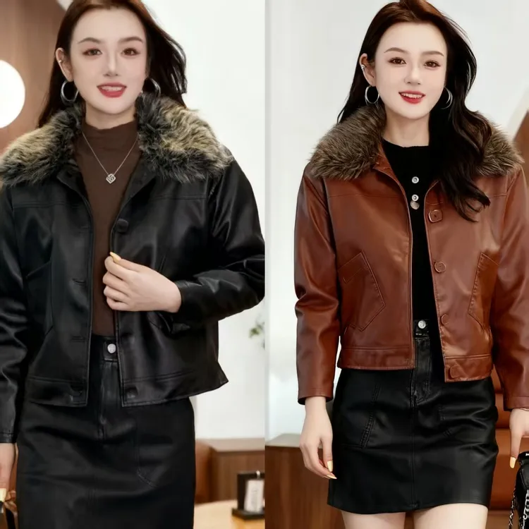 【运费补贴 】秋冬新款女士排扣加绒加厚休闲韩版女装皮衣夹克外套