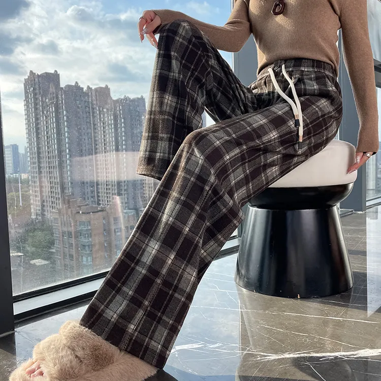 加绒格子阔腿裤秋冬款高腰显瘦直筒裤胖mm大码加厚保暖毛呢休闲裤