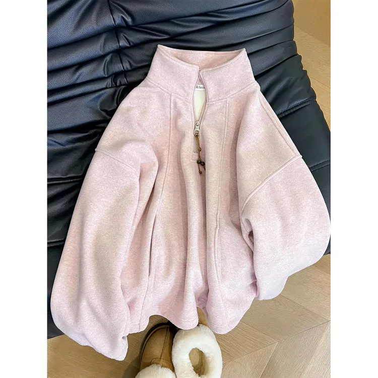 雾霾粉色立领半拉链卫衣女秋冬加绒加厚韩系宽松慵懒抽绳上衣外套