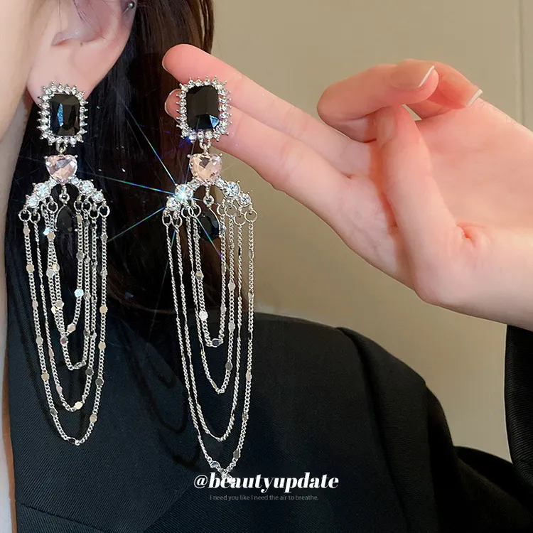 合金锆石耳饰 爱心长方形水滴链条耳环金属流苏夸张欧美风格