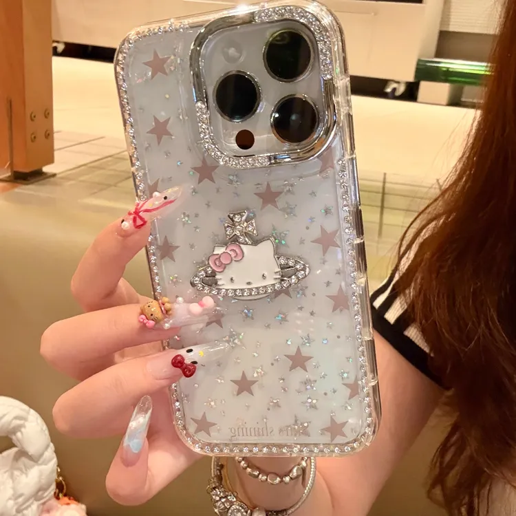 灰色星星KT猫适用于苹果15闪钻手机壳iPhone16promax少女14可爱13
