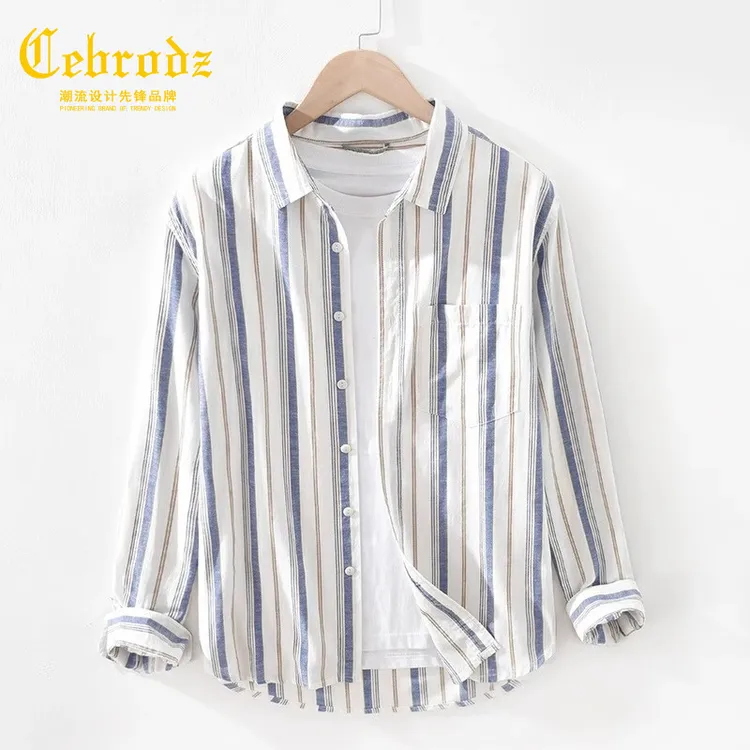 法国Cebrodz复古条纹男长袖衬衫秋季日系休闲常规袖棉麻上衣衬衣