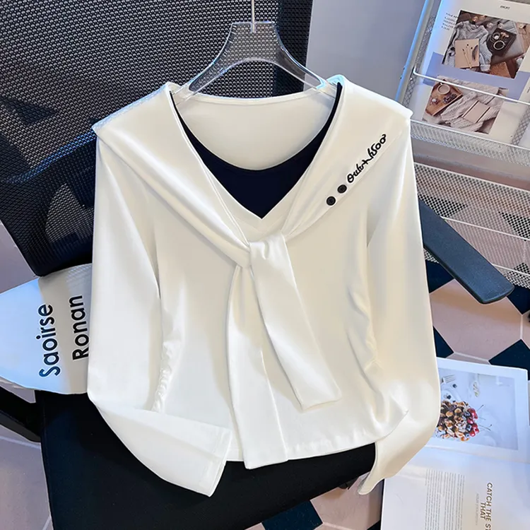 韩系假两件披肩长袖T恤女2025早秋新款设计感小众宽松打底衫上衣