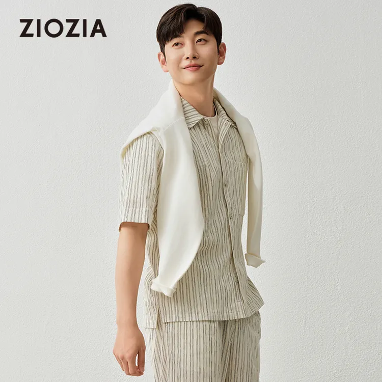 【时尚感】ZIOZIA通勤男装25夏条纹褶皱感休闲短袖衬衫ZWAE2618A