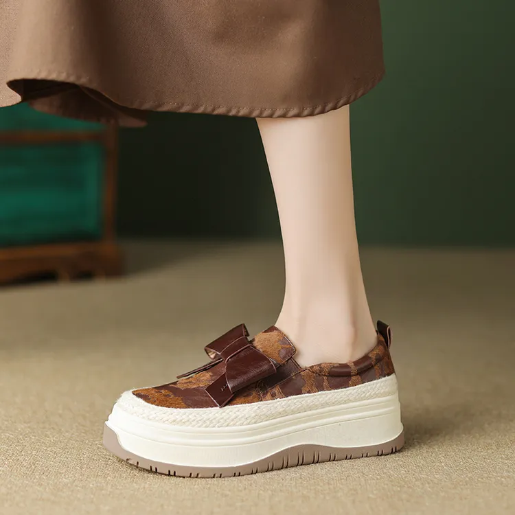 5.0厘米厚底时尚休闲蝴蝶结单鞋女平底真皮马毛深口乐福鞋春新款