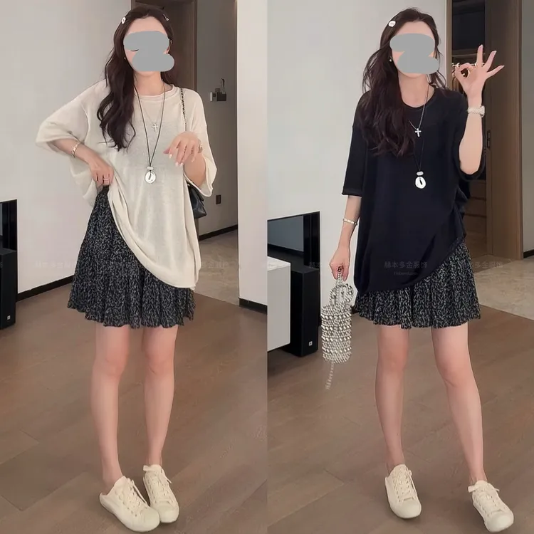 2025夏季新款松弛感穿搭懒惰风百搭短袖上衣显瘦防走光短裙套装女