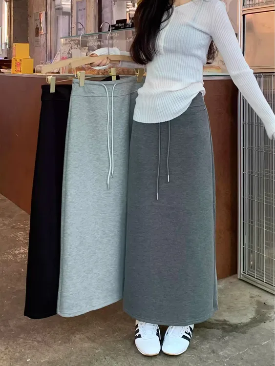 系带显瘦百搭弹力高腰纯色半身裙包臀裙不起球厚款