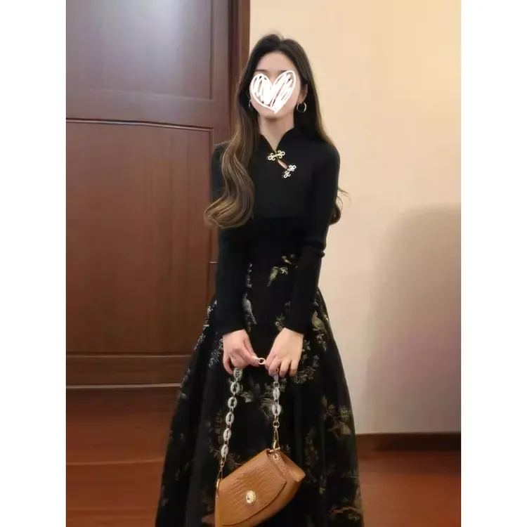 固质秋冬新中式国风立领盘扣泡泡袖针织衫黑色提花半身裙马面裙女