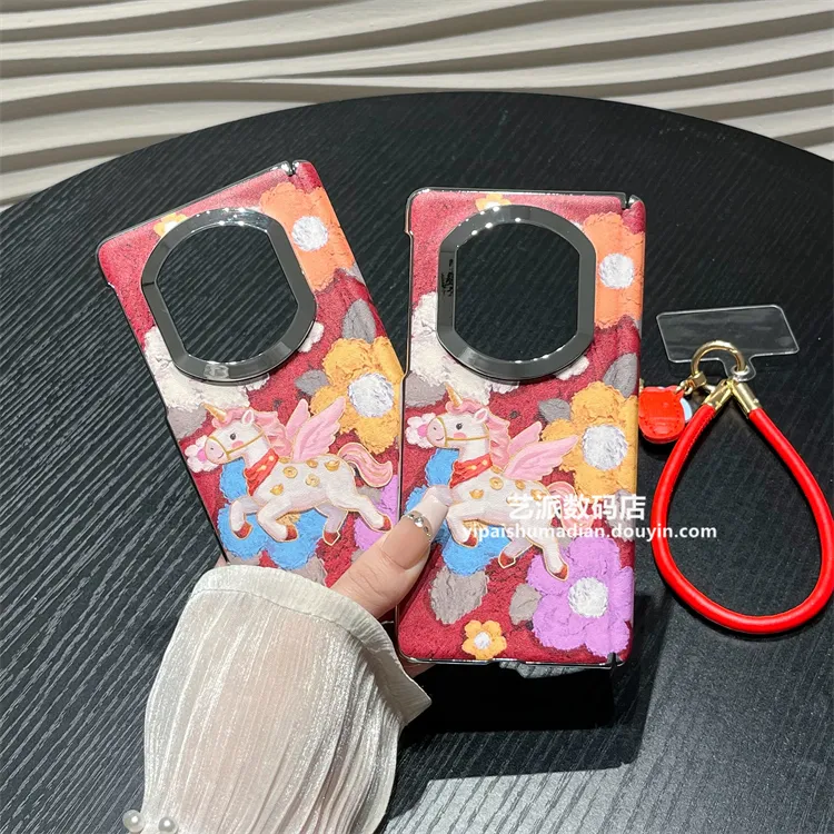 适用华为mate x7手机壳x5折叠x6典藏版红色花朵马年全包中轴防摔