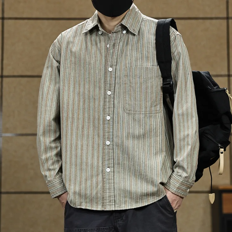 2025全棉长袖条纹衬衣男款春秋新款翻领衬衫男士休闲薄款上衣外套