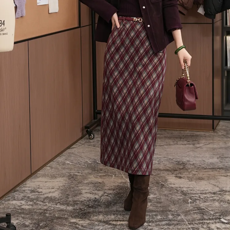 西子/【枫林晚】经典复古格纹显瘦直筒后开叉半裙/BQHY0179