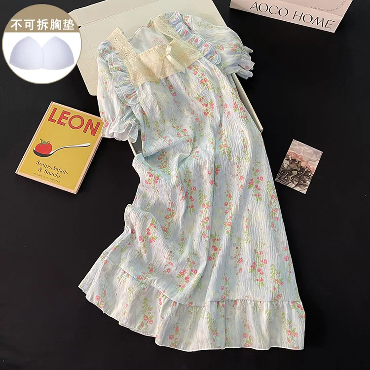 蓝色小碎花睡衣睡裙女夏季带胸垫甜美短袖日系风连衣裙新款家居服