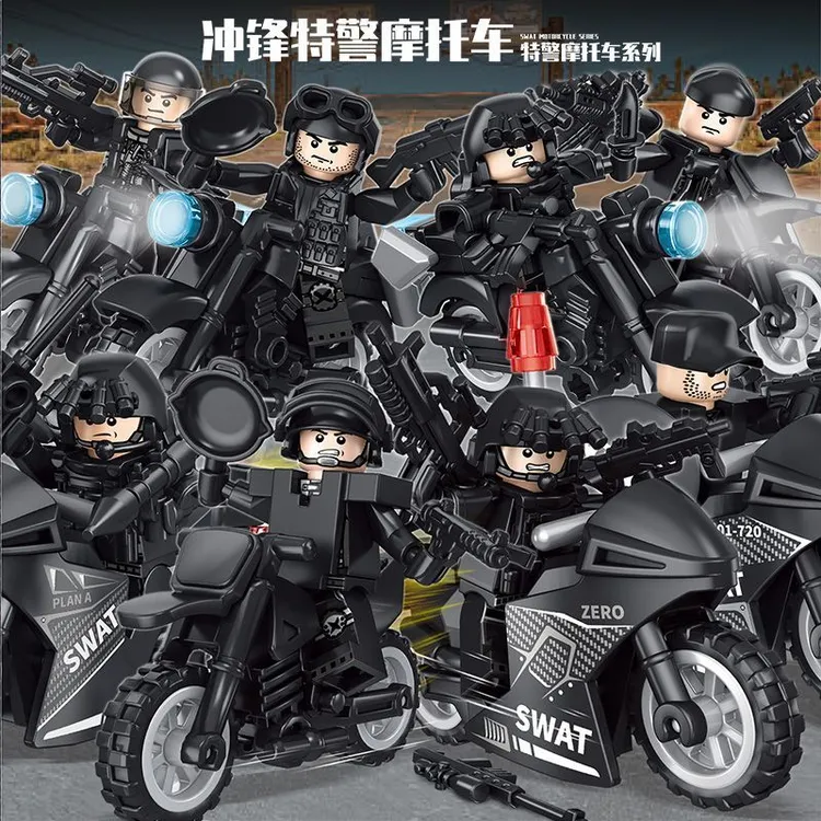 骑警交警铁骑积木小人仔moc交通警察摩托车特警机车益智拼装玩具