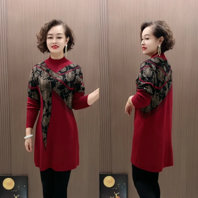 时尚洋气中年妈妈针织中长款大版衫宽松遮肚子打底衫上衣