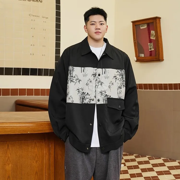潮牌大码男装2025新款秋胖子潮流拼接翻领外套男宽松休闲加肥加大