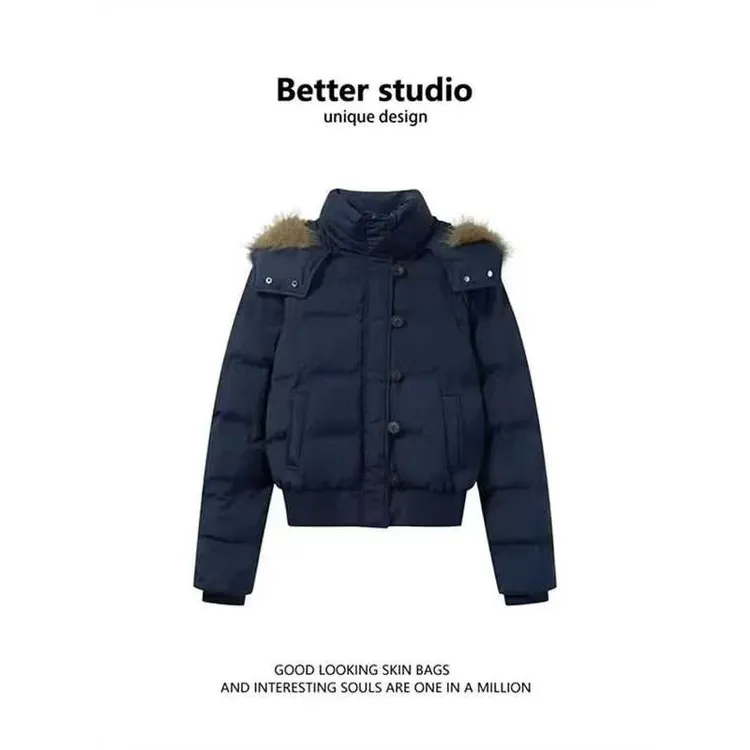 美式复古藏青连帽毛领短款加厚棉服外套女冬季保暖