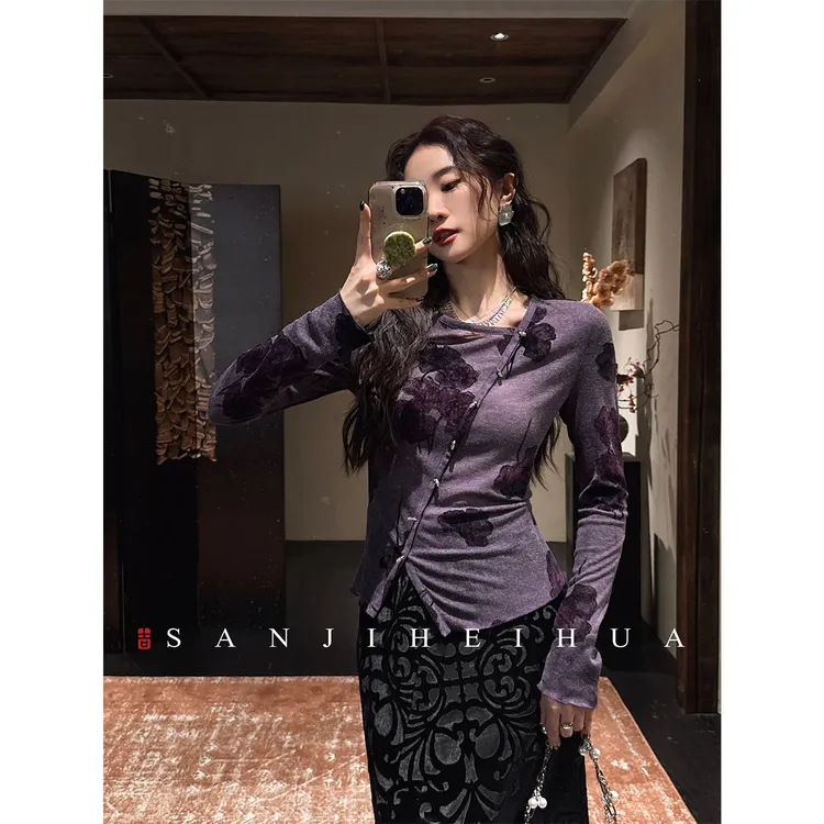 三吉黑花【南山影】新中式植绒打底衫女内搭上衣针织衫2025新款潮