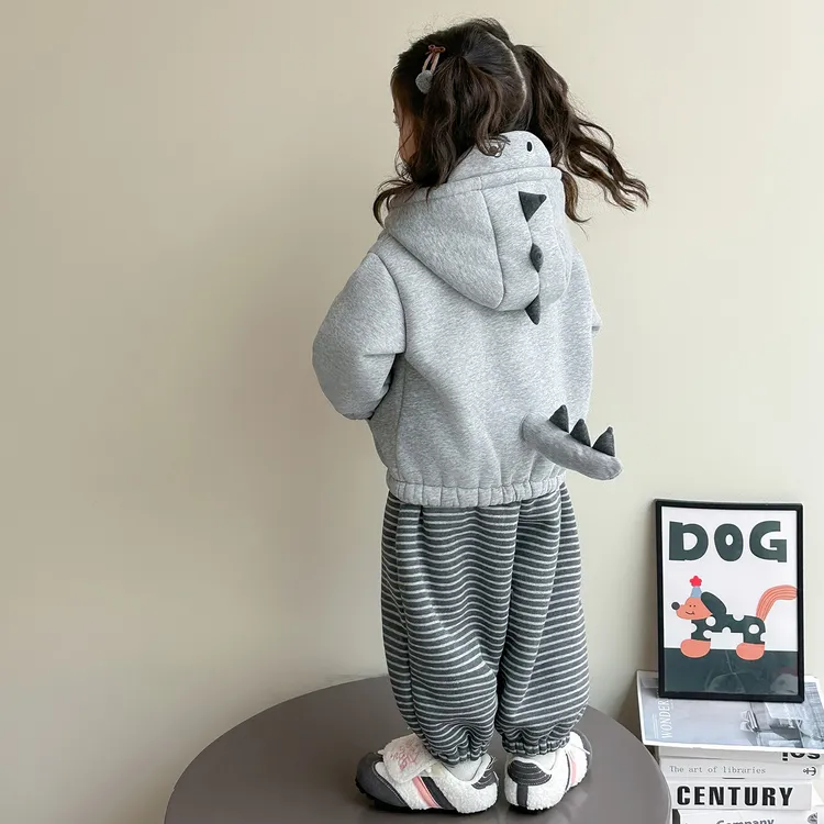 女童加厚连帽套装冬季一体羊驼绒新款儿童加绒恐龙款棉服休闲童装