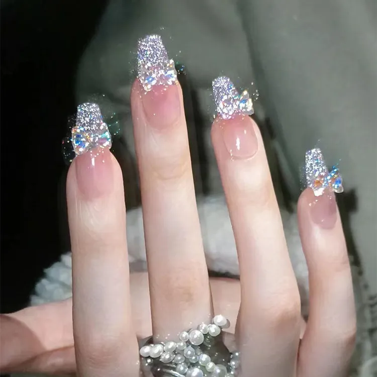 闪光蹦迪七彩蝴蝶结纯手工穿戴甲闪钻爆闪小清新显白仙女美甲