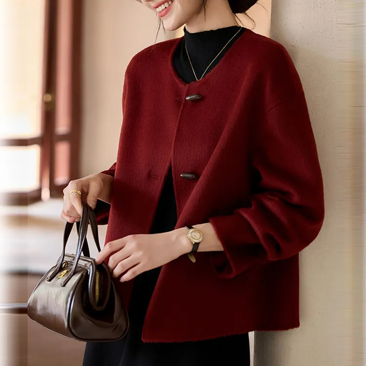 妈妈红色双面毛呢大衣外套女春秋2025新款春装短款洋气女士上衣