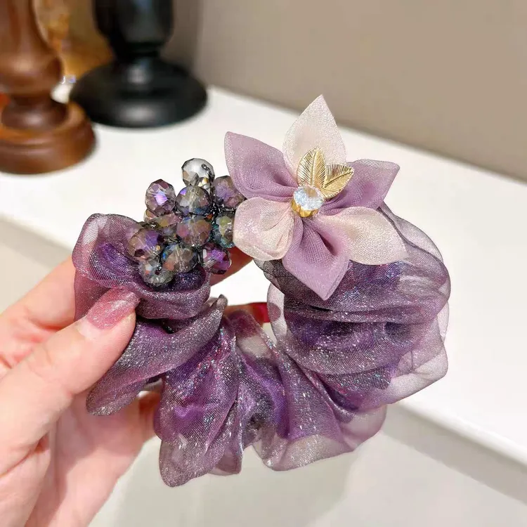 金叶子幸福花朵大肠发圈女扎头发马尾气质头花优雅欧根纱发饰头饰