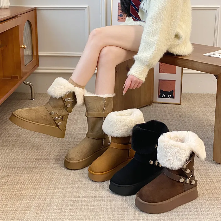 贾不假雪地靴女款2025新款冬季加绒时尚保暖棉鞋厚底女增高短靴子