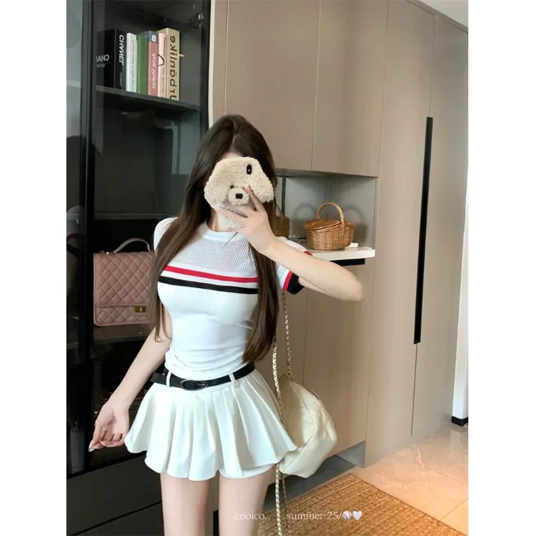 设计感撞色短袖针织T恤女夏季修身收腰内搭辣妹紧身显瘦圆领上衣