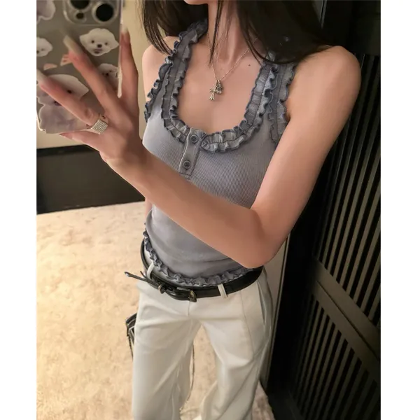 定染做旧工艺木耳边针织吊带背心女夏季修身显瘦辣妹上衣#9124