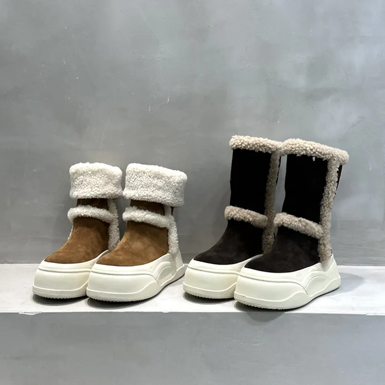 6CM复古甜酷风厚底雪地靴冬季羊羔毛拼接松糕底加绒保暖增高棉靴