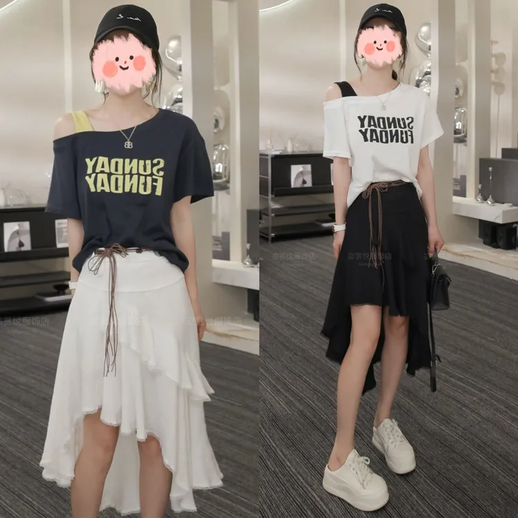 2025夏季时尚字母印花露肩短袖T恤上衣显瘦百搭半身裙气质套装女