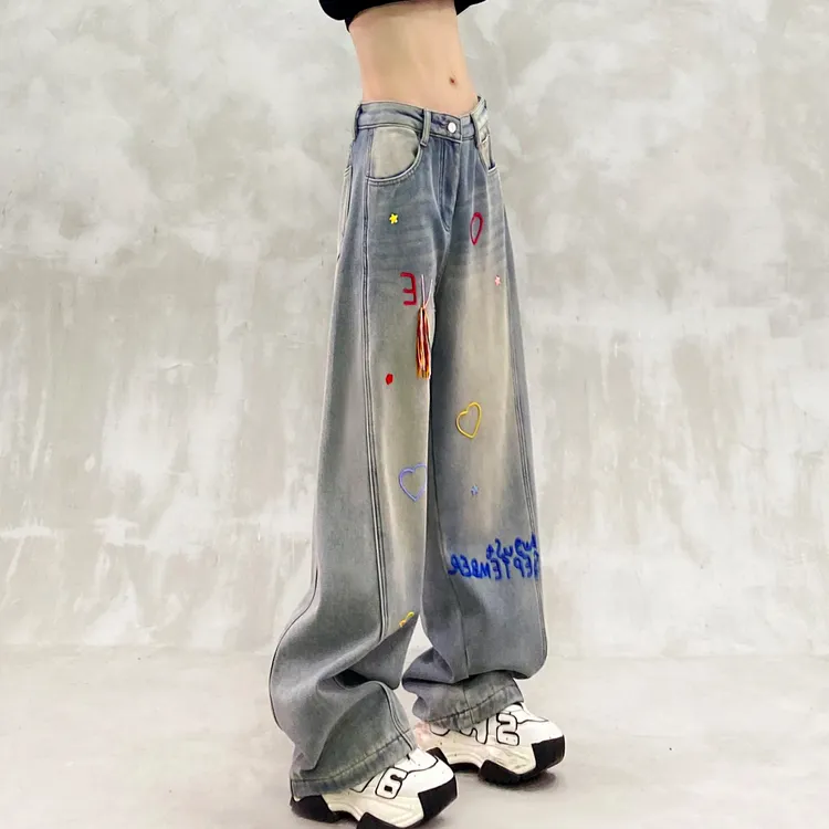 彩色字母刺绣加绒牛仔裤女冬新款高腰宽松显瘦百搭直筒裤阔腿裤子