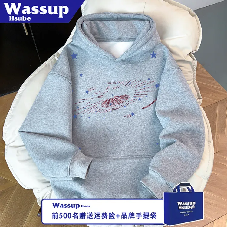WASSUP HSUBE休闲潮流宽松印花线条宇宙星星长袖秋冬卫衣情侣上衣