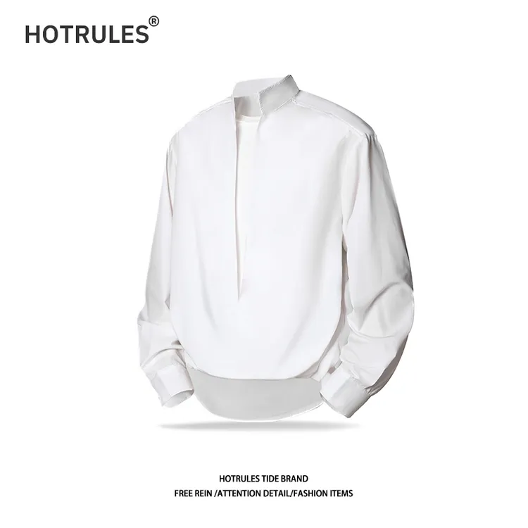 HOTRULES简约纯色假两件设计长袖衬衫男宽松休闲百搭时尚小众上衣