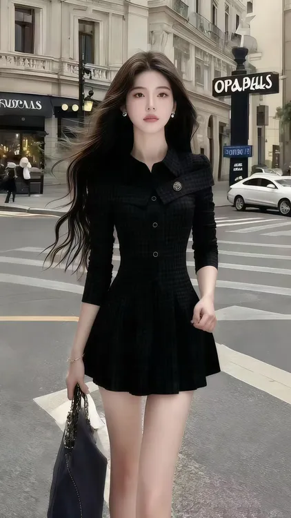 新款显瘦休闲风穿搭黑色长袖衬衫领修身收腰设计感格子连衣裙女